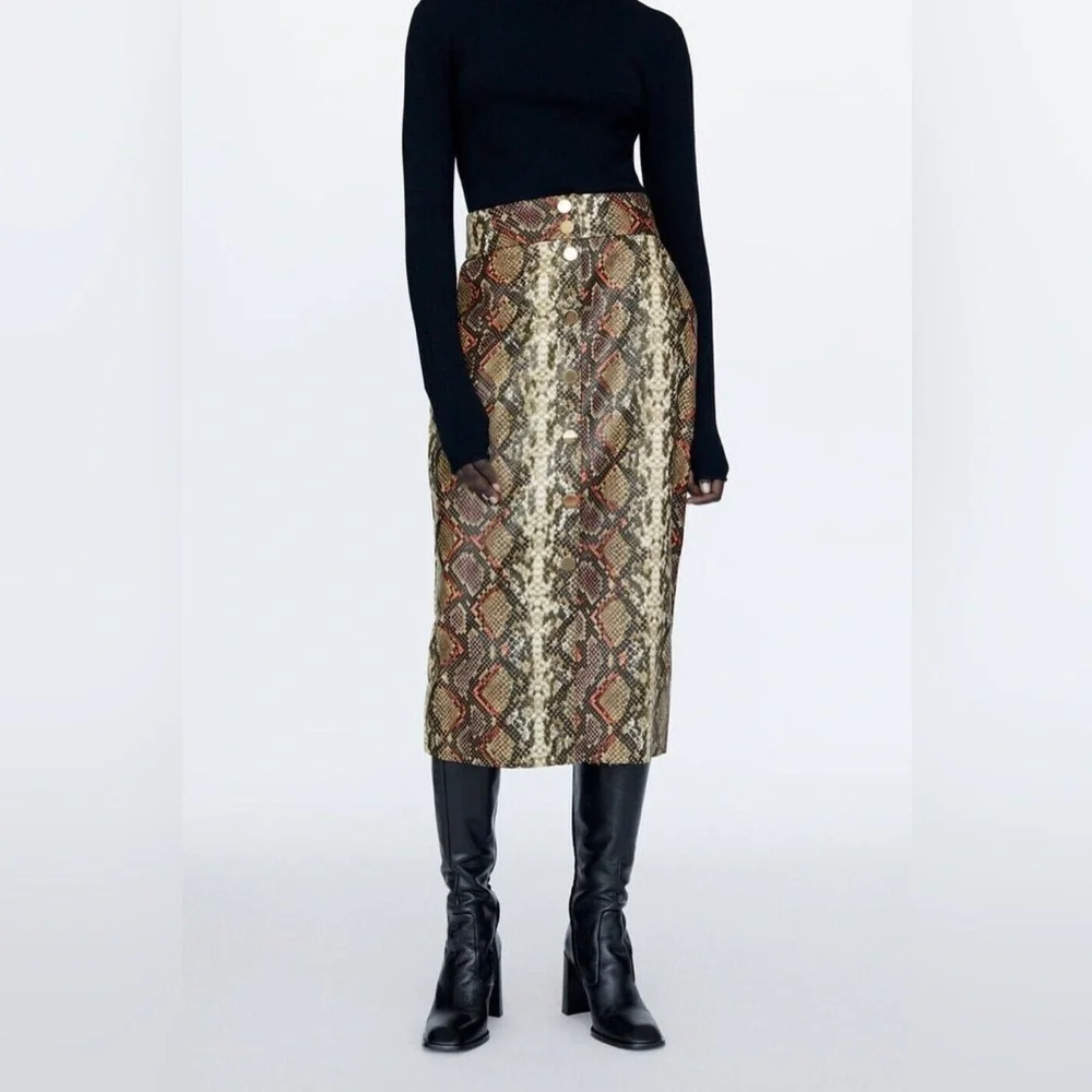 NWT Zara High Waist Snakeskin Print Skirt Orange Brown Midi Size S Office Baddie - Picture 1 of 10